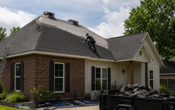 Professional roof repair near a Youngsville, Louisiana home with roofing contractors replacing shingles on a residential roof after storm damage.