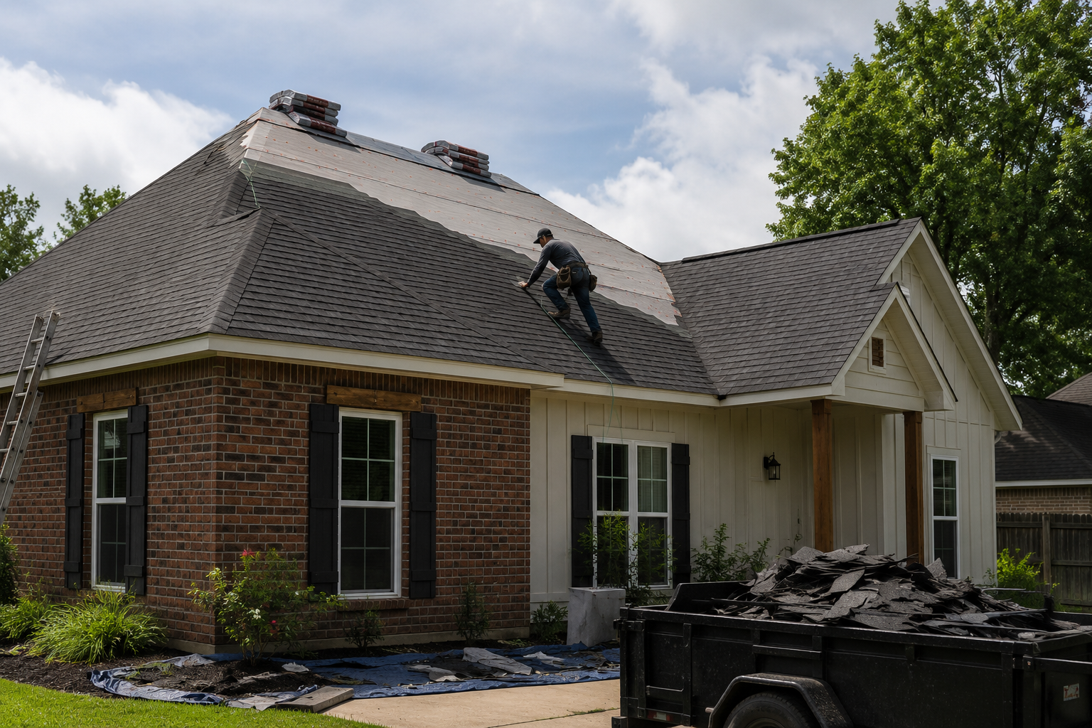 Professional roof repair near a Youngsville, Louisiana home with roofing contractors replacing shingles on a residential roof after storm damage.
